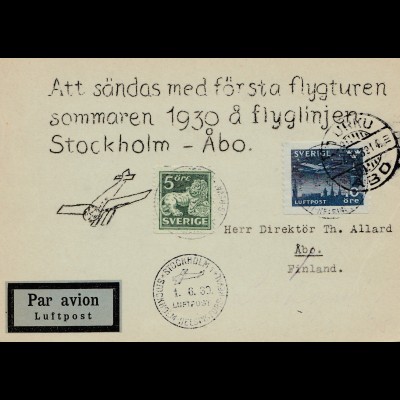 Schweden: 1930: Luftpost Stockholm nach Finnland