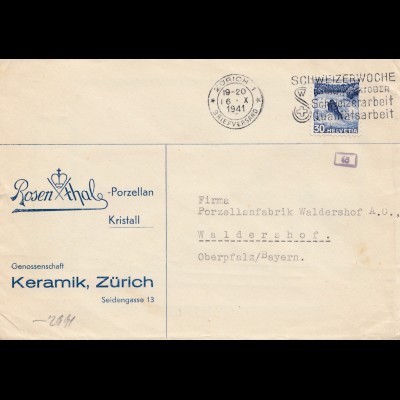 Schweiz: 1941: Zürich nach Waldershof, Porzellanfabrik, OKW Zensur