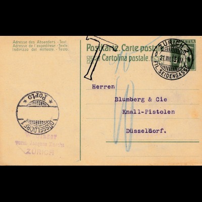 Schweiz: 1913: Ganzsache Zürich nach Düsseldorf, Nachtaxe