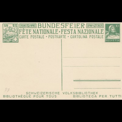 Schweiz: 1922: Ganzsache Bundesfeier
