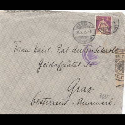 Schweiz: 1915: Brief aus Basel nach nach Graz. Zensur