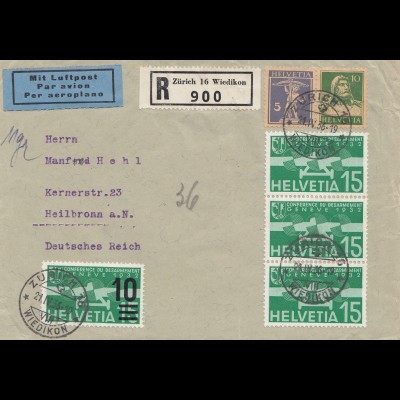 Schweiz:1936: Einschreiben Flugpost von Zürich nach Heilbronn