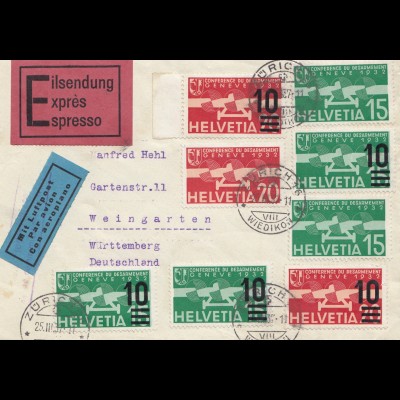 Schweiz: 1937: Eilsendung, Luftpost Zürich nach Weingarten
