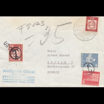 Schweiz: 1965: Brief von Offenbach nach Zürich, Nachgebühr