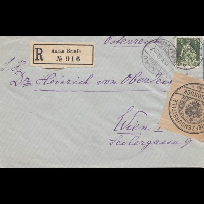 Schweiz: 1916: Einschreiben Aarau Brief nach Wien, Briefzensurstelle