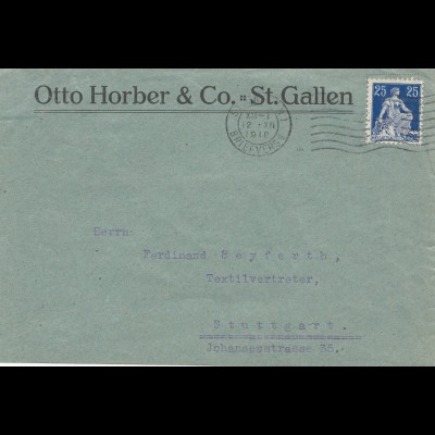 Schweiz: 1918: St. Gallen nach Stuttgart, Textil, Postüberwachungsstelle Stgt.