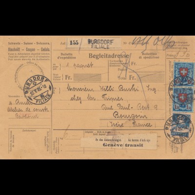 Schweiz: 1926: Burgdorf nach Frankreich, Begleitadresse