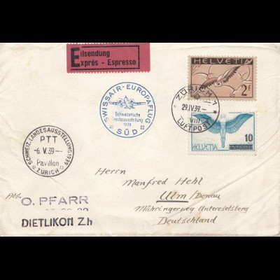 Schweiz: 1939: Dietlikon nach Ulm, Swissair, Eilbote