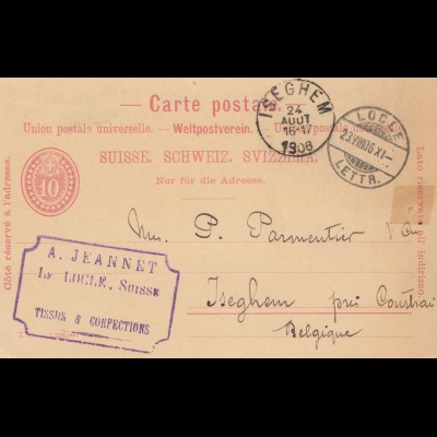 Schweiz: Ganzsache: 1906 Locle nach Isghem/Belgien
