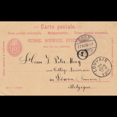 Schweiz: Ganzsache: 1896: Chur nach Louvain/Belgien