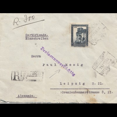 Spanien: 1936 Einschreiben nach Leipzig, Devisenunverdächtig, zollamtl. geöffnet