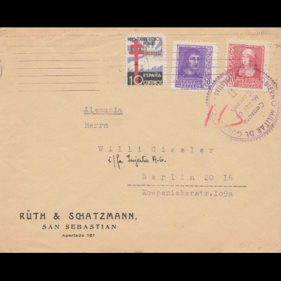 Spanien: 1938: Brief von San Sebastian nach Berlin, Zensur