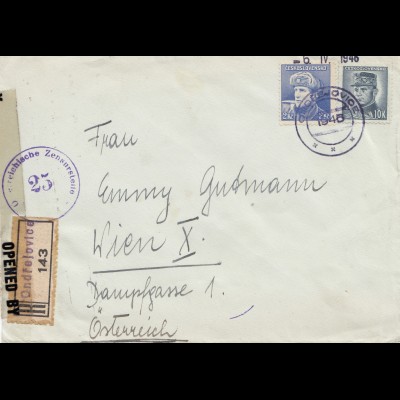 Tschecheslowakei: 1946: Einschreiben Ondrejovice nach Wien, Zensur