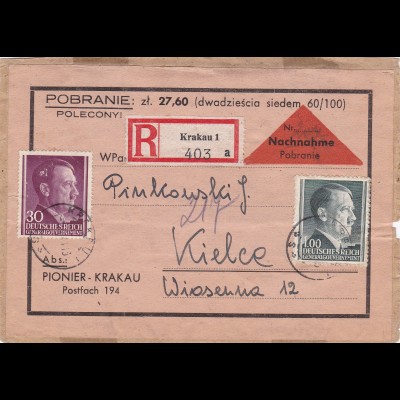 GG: Nachnahme und Einschreiben Krakau 1 auf Briefausschnitt nach Kielce