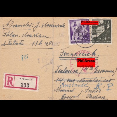 GG: Postkarte Einschreiben Krakau nach Frankreich