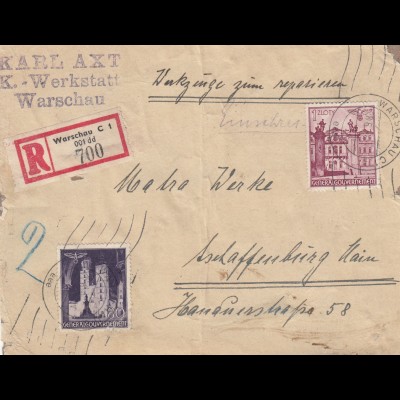 GG 1941 Briefausschnitt, Einschreiben, Werkstatt: Versand Werkzeuge,portogerecht