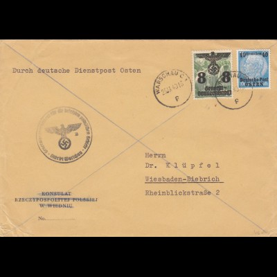 GG: 1940: Dienstpost Warschau auf weiterverw. Kuvert Konsulat Polskie