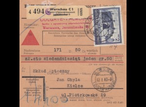 GG Inlandspaketkarte Warschau,Selbstbucher, Nachnahme, MeF 2 Zloty nach Kielce