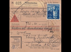 GG Inlandspaketkarte Tschenstochau, Nnachnahme, Handrollstempel nach Kielce