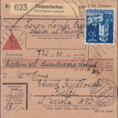 GG Inlandspaketkarte Tschenstochau, Nnachnahme, Handrollstempel nach Kielce