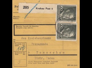 GG: Inlandspaketkarte: PNZ: Krakau Post 2 an Kreishauptmann Tomaschow