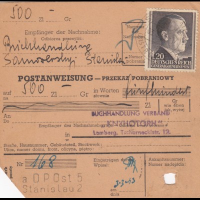 GG Postanweisung Stanislau-Lemberg, DP Ost 5, EF 87A, portogerecht