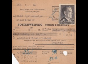 GG Postanweisung Stanislau - Lemberg, DP Ost 5, EF portogerecht