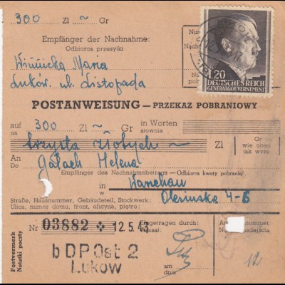 GG Postanweisung Lukow nach Warschau, DP Ost 2, EF portogerecht, Briefträgerstp.