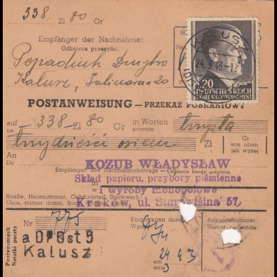GG Postanweisung Kalusz-Krakau, DP Ost 5, EF, portogerecht