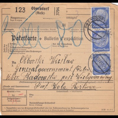 GG: DR-GG Paketkarte Oberndorf/Melk nach Wielgomlyniy, Verzollung, Zustellgeb.