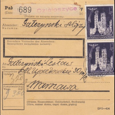 GG: Inlandspaketkarte Dzialoszyce nach Warschau, MeF der 80Gr