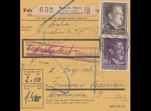 GG: Inlandspaketkarte Rudnik nach Tomaszow, MiNr. 87B, MiF