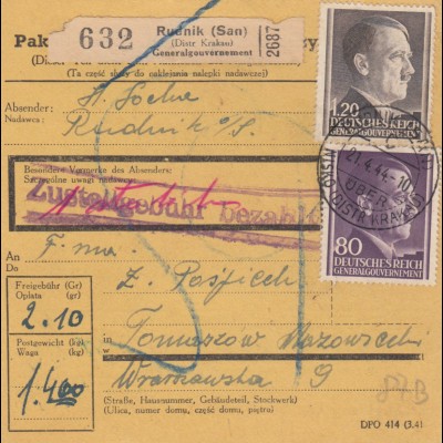 GG: Inlandspaketkarte Rudnik nach Tomaszow, MiNr. 87B, MiF