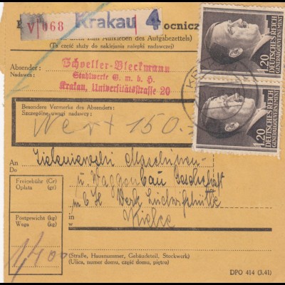 GG: Inlandspaketkarte Wert - Krakau - Kielce Waggonbau, MeF #87A