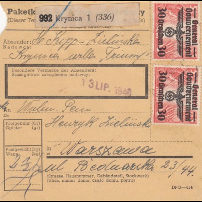 GG: Inlandspaketkarte Krynica-Warschau, MeF 4x 30 Gr., 1x abgefallen