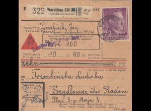 GG: Inlandspaketkarte Warschau-Szydlowiec, Nachnahme, Lagergebühr, offener Wert