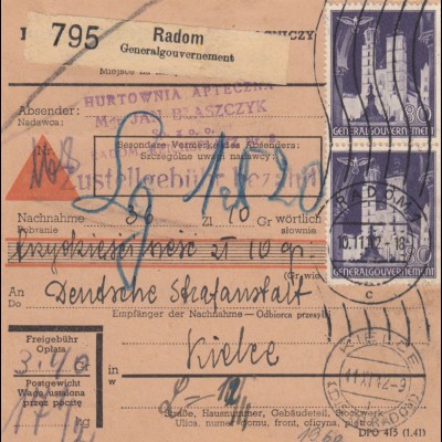 GG: Inlandspaketkarte Radom - Kielce, Rollenstempel, Lagergebühr, Nachnahme