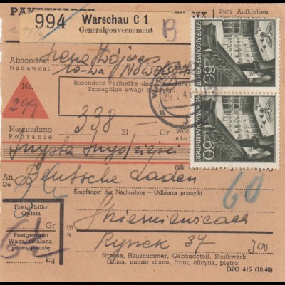 GG Inlandspaketkarte Warschau Nachnahme nach Skierniewice mit schöner 6x MeF