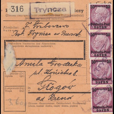 GG Inlandspaketkarte Tryncza - Glogow, MeF 30 Gr.