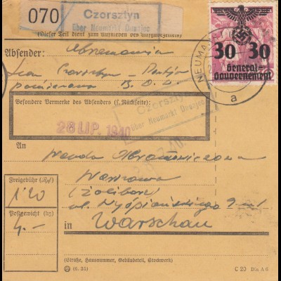 GG Inlandspaketkarte Czorsztyn nach Warschau, MeF 30Gr