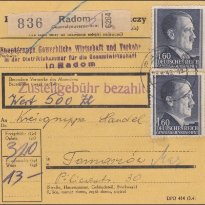 GG Inlandspaketkarte Radom, offener Wert nach Tomaszow, MeF #88A