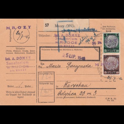 GG Inlandspaketkarte Mrozy -Warschau - Fehlgemeldet