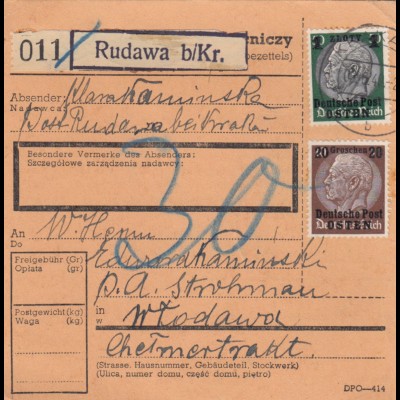 GG Inlandspaketkarte Rudawa-Wlodawa, BPP Signatur, Nachgebühr
