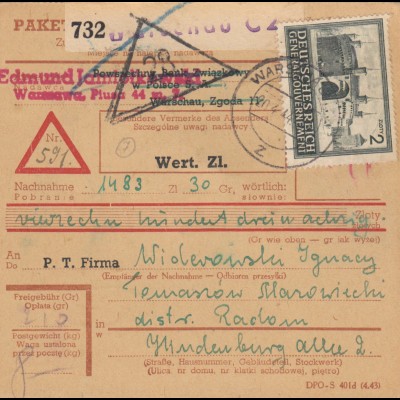 GG Inlandspaketkarte NN, Warschau-Radom, Eindruck Wert, Formular