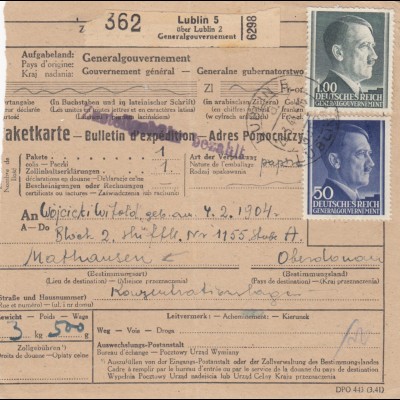 GG: Judaika: Paketkarte Lublin an KZ Mauthausen