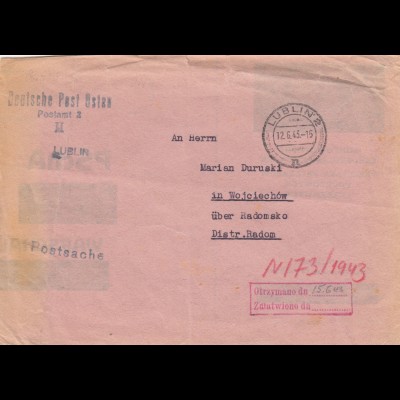 GG: Postsache Lublin nach Wojciechow/Radomsko 1943, Umschlag PSchA wiederverw.