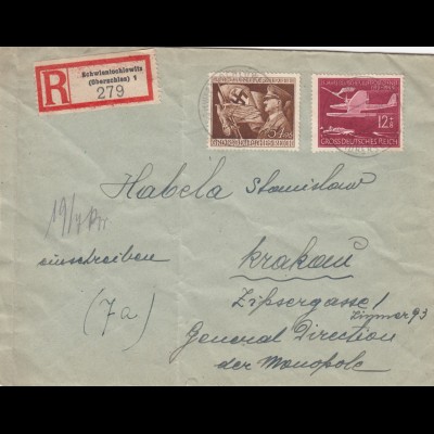 GG Einschreiben Schwientochlowitz nach Krakau 1944