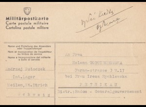GG: CH: Militärpostkarte Interniertenlager Meilen nach Petrikau-späte Post 11.44