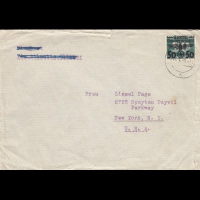 GG USA: Brief Zakopane mit seltener Frankatur nach New York, Zensur portogerecht