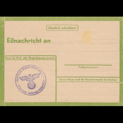 Eilnachricht /Lebenszeichen, Stempel NSDAP Heilbronn-Fleinerhöhe, blanko
